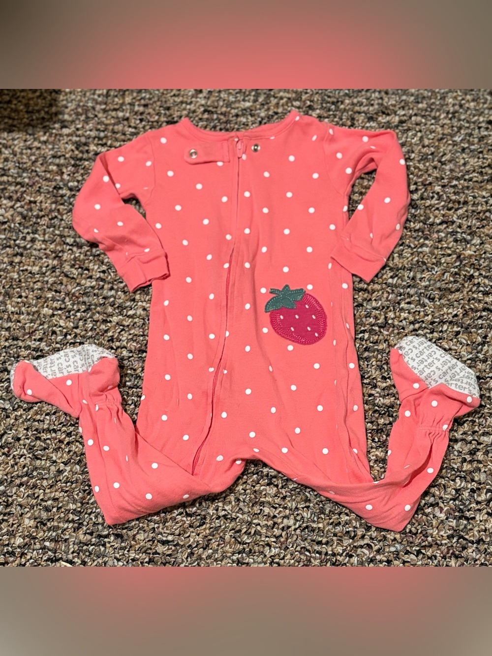 Carter's Coral Polka-Dot Footed One-Piece with Strawberry Applique